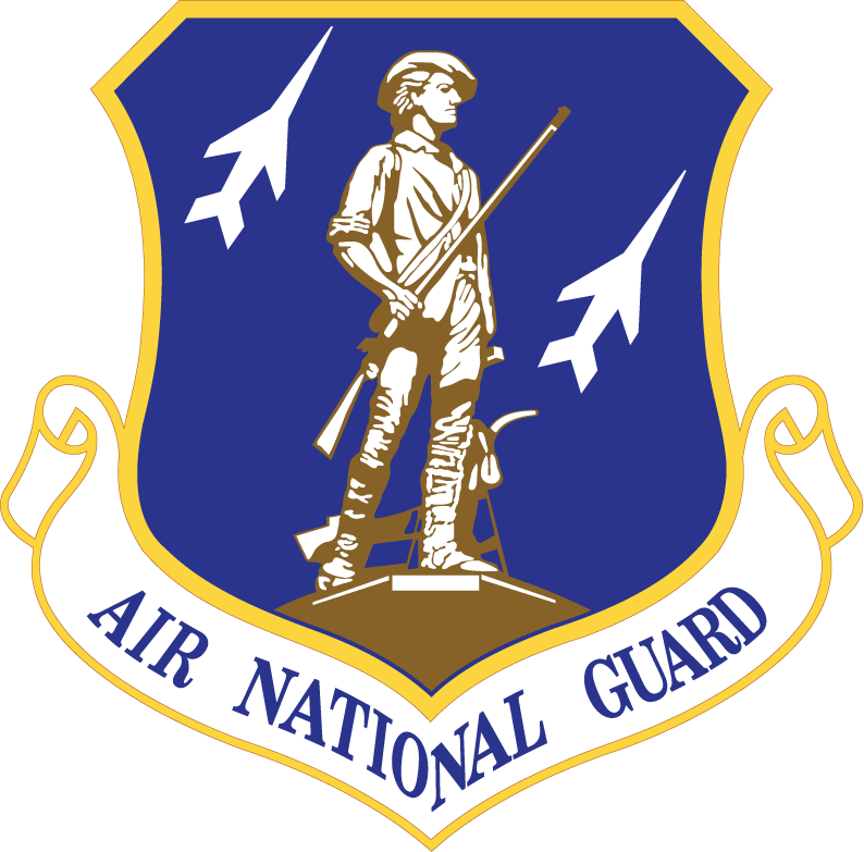 The image depicts the emblem for the Air National Guard. The emblem is a shield with a blue background and a gold border. In the center of the shield is a figure of a soldier holding a rifle. Above the soldier, there are three white jets, symbolizing air power. Below the soldier, there is a gold banner that reads ‘Air National Guard’, representing the organization’s name.
