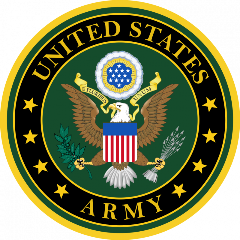 A circular emblem representing the United States Army. The background is deep green, framed by a yellow border containing the words "United States" at the top and "Army" at the bottom. At the center stands a majestic bald eagle with spread wings, holding an olive branch in its right talon and a bundle of arrows in its left, symbolizing peace and war respectively. The eagle is set against the U.S. shield, which consists of vertical white and red stripes with a blue rectangle filled with white stars on top. Above the eagle is a white banner with the Latin motto "E Pluribus Unum", which translates to "Out of Many, One", encircled by 13 blue stars representing the original 13 colonies. The design epitomizes the Army's heritage, commitment, and dedication to the nation.