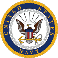 This is the emblem of the United States Navy. It is a circular emblem with a blue background and a gold border. At the center, there’s an eagle with outstretched wings, symbolizing freedom and the nation’s ideals. The eagle is holding a shield, which is red and white striped with a blue top, representing the national flag. In its other talon, the eagle holds a gold anchor, signifying naval tradition and service. The anchor is attached to a rope, indicating strength and stability. Encircling the emblem are the words ‘United States Navy’ in gold letters, proudly declaring the identity of this military branch.