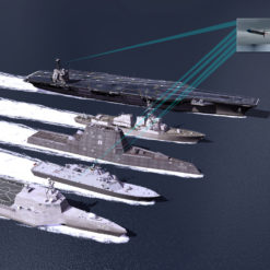 A computer generated image of United States Navy ships and aircraft in formation on a blue ocean. The image shows an aircraft carrier, two destroyers, and a cruiser. The ships are in a line with the aircraft carrier in the center and the destroyers and cruiser on either side. There is a smaller image of a drone in the top right corner. The drone is shown in flight with a trail of blue lines behind it.