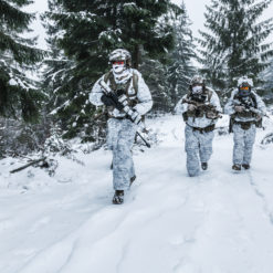 Three United States military personnel in winter camouflage walking through a snowy forest during a training exercise. The personnel are wearing white and gray camouflage clothing and carrying weapons. The background consists of a snowy forest with tall trees. The personnel are walking in a line, with the first person in the foreground and the other two following behind.
