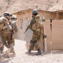 Three soldiers in full gear, wearing camouflage uniforms and helmets, are walking through a desert village. They are armed with rifles, prepared for any situation. The soldier on the left is equipped with a backpack, while the one on the right sports a vest. The background reveals a dirt road, a stone wall, and a small building with a thatched roof. The sky above is clear, and the terrain is rocky and barren, typical of a desert environment.