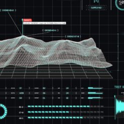 This image depicts a futuristic military user interface, predominantly in black and green colors. The central focus is a 3D wireframe model of a mountainous terrain, rendered in white against a black background. Surrounding this are various data visualizations including graphs and charts. Additional interface elements include a temperature gauge, a humidity gauge, a target recognition panel, and an audio waveform. The overall impression is of a high-tech command center or video game screenshot.