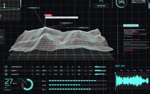 This image depicts a futuristic military user interface, predominantly in black and green colors. The central focus is a 3D wireframe model of a mountainous terrain, rendered in white against a black background. Surrounding this are various data visualizations including graphs and charts. Additional interface elements include a temperature gauge, a humidity gauge, a target recognition panel, and an audio waveform. The overall impression is of a high-tech command center or video game screenshot.