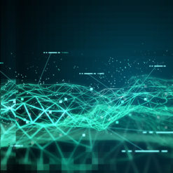A digital image of a futuristic landscape, composed of a network of interconnected lines and dots in a green hue. The lines and dots form a complex, web-like structure, suggesting advanced technology or data networks. The background is black with scattered white dots, adding depth to the image. The foreground is in focus while the background is blurred, creating a depth of field effect. The overall mood of the image is futuristic and technological.