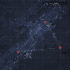 This image presents a GPS tracking map in a dark blue color with a grid overlay. Three red markers labeled “START”, “END”, and “CURRENT” are visible, connected by a white line indicating the path of a vehicle or person. The background is black, with white text displaying various data and information about the tracking, including the phrase “GPS TRACKING” in the top right corner. The image provides a comprehensive view of a tracking operation.