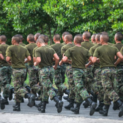The image captures a group of military personnel marching in formation. They are dressed in green uniforms and camouflage pants, embodying the discipline and unity characteristic of military operations. The personnel are in step, their arms swinging in unison, as they march along a road. The backdrop features a serene landscape of trees, contrasting with the regimented formation of the march. The photo is taken from a side angle, with the personnel facing away from the camera, further emphasizing the coordinated movement and directionality of the march.