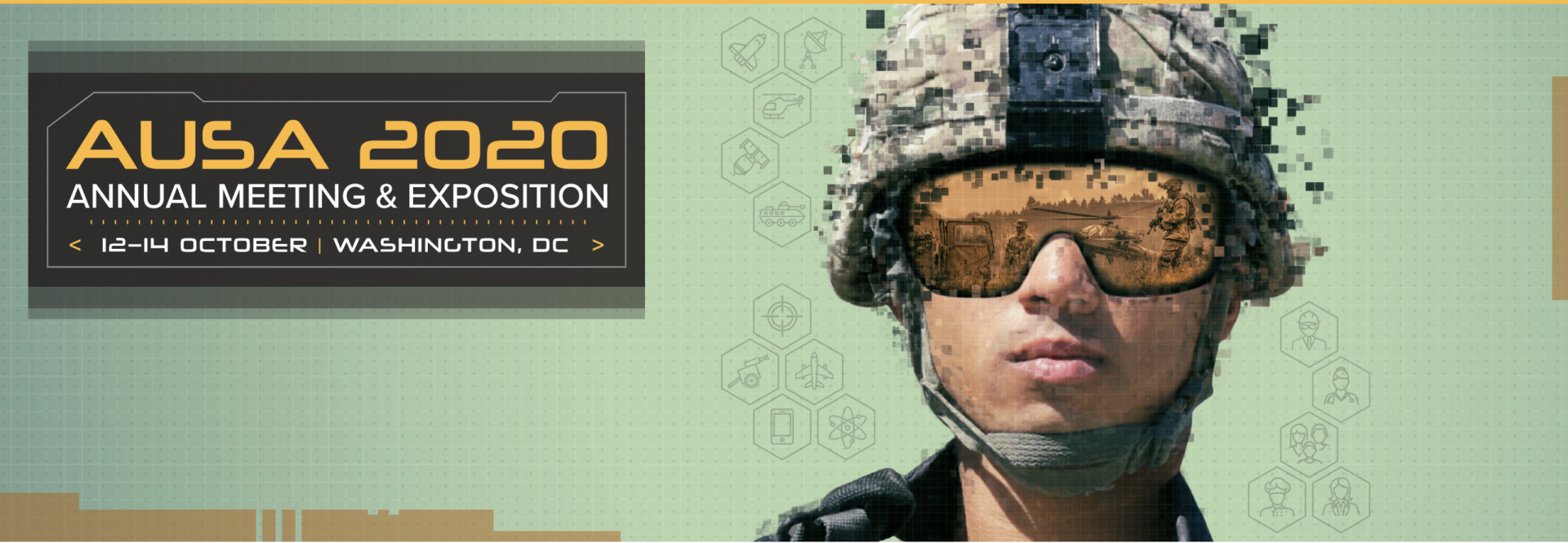 This image features a person in military uniform with a blurred face. The background displays a banner for the AUSA 2020 Annual Meeting & Exposition. The banner is black with white text and a gold border, reading ‘AUSA 2020 Annual Meeting & Exposition | 12-14 October | Washington, DC’. The background also includes a digital pattern of hexagons and other geometric shapes in shades of green and gold.