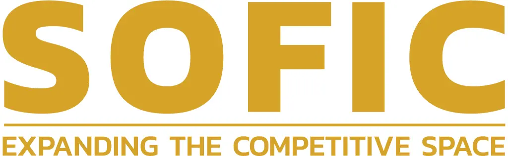 This is an image of the logo for SOFIC, with their slogsn 'Expanding the Competitive Space’. The logo features the word ‘SOFIC’ in a golden yellow, sans-serif font with all letters in uppercase.