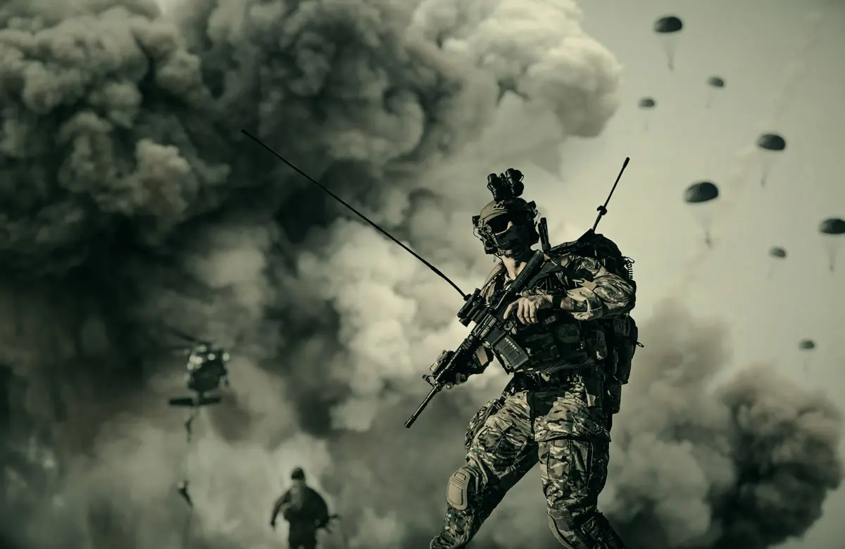 This is a photo-realistic, black and white image of a group of soldiers in camouflage clothing and carrying rifles, parachuting into a warzone. The background is filled with smoke and explosions, conveying a sense of chaos and danger. The soldiers are in various positions, some falling and others in a ready position with their rifles, adding to the dramatic and intense mood of the image.