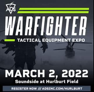 This image is a poster for the Warfighter Tactical Equipment Expo on March 2, 2022 at Soundside at Hurlburt Field. The poster features a silhouette of a soldier and a helicopter in the background. The background is a dark blue color. The text is white and reads ‘Warfighter Tactical Equipment Expo’ and ‘March 2, 2022 Soundside at Hurlburt Field’. The poster also includes the logo for ADS, the company hosting the event. The bottom of the poster includes a link to register for the event.