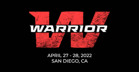 This image is a graphic with a black background. The text is in red and white and reads ‘Warrior April 27-28, 2022 San Diego, CA’. The text is in a bold, modern font. The ‘W’ is in red and the ‘Warrior’ is in white. The date and location are in smaller white text below the main text.
