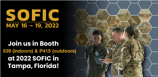 This image is a banner for the SOFIC 2022 conference in Tampa, Florida. The background is black with hexagonal shapes in various shades of brown and gold. There are three blurred figures in military uniforms on the right side of the banner. The text on the banner reads ‘SOFIC MAY 16 - 19, 2022’ and ‘Join us in Booth 539 (indoors) & P415 (outdoors) at 2022 SOFIC in Tampa, Florida!’