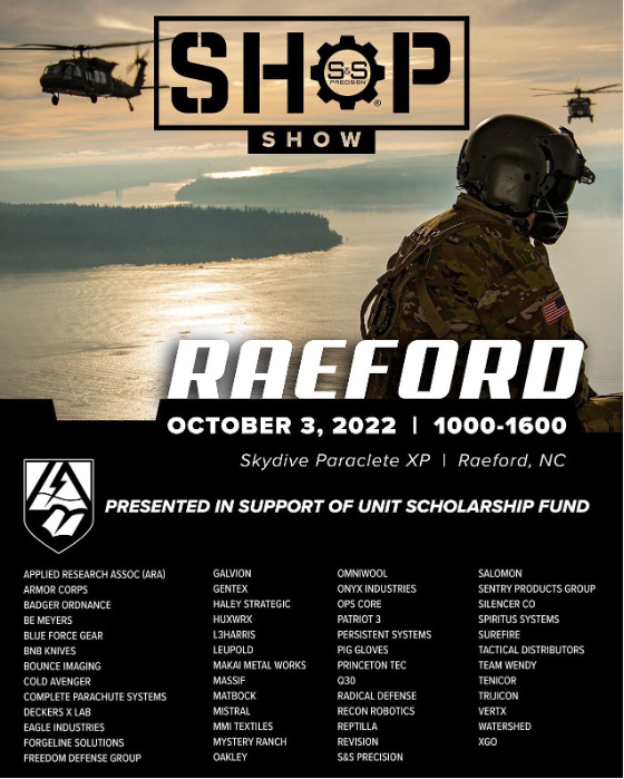This is a poster for the SHOT Show, a trade show for the shooting, hunting, and firearms industry. The event is taking place on October 3, 2022 in Raeford, NC. The poster features a soldier in full gear and a helicopter in the background. It includes a list of companies and organizations that will be present at the event, including Armasight, Oakley, and Revision. The poster is predominantly black and white, with the exception of the event date and location, which are in red.