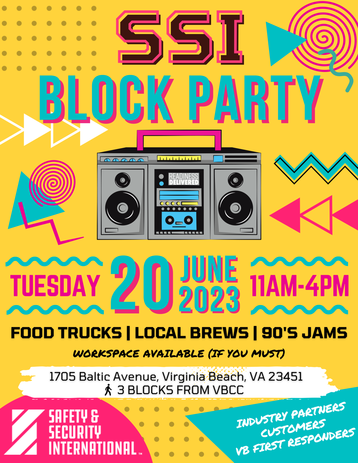 A vibrant poster announces a block party event hosted by Safety and Security International (SSI). The poster’s yellow background is adorned with pink and blue geometric shapes and lines, and a large illustration of a boombox sits in the center. The event, featuring food trucks, local brews, and 90s jams, is scheduled for Tuesday, 20 June 2023 from 11am-4pm at 1705 Baltic Avenue, Virginia Beach, VA 23451. The event welcomes industry customers and Virginia Beach first responders.