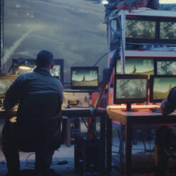 A dimly lit command center illuminated by the glow of multiple computer screens. Four individuals are present: one stands observing while the other three are seated, intently focused on the displays in front of them. The screens showcase various tactical visuals, including maps and live footage. The setting is filled with electronic equipment, wires, and servers, and an American flag is subtly displayed in the background. The atmosphere suggests intense concentration and the urgency of ongoing operations.